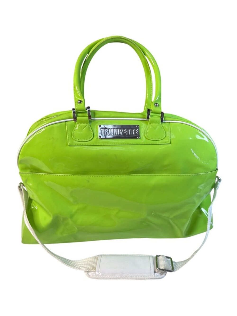 Trumpette Neon Glossy Patent Green Tennis Bag W/Shoulder Strap & Handles - Picture 3 of 15
